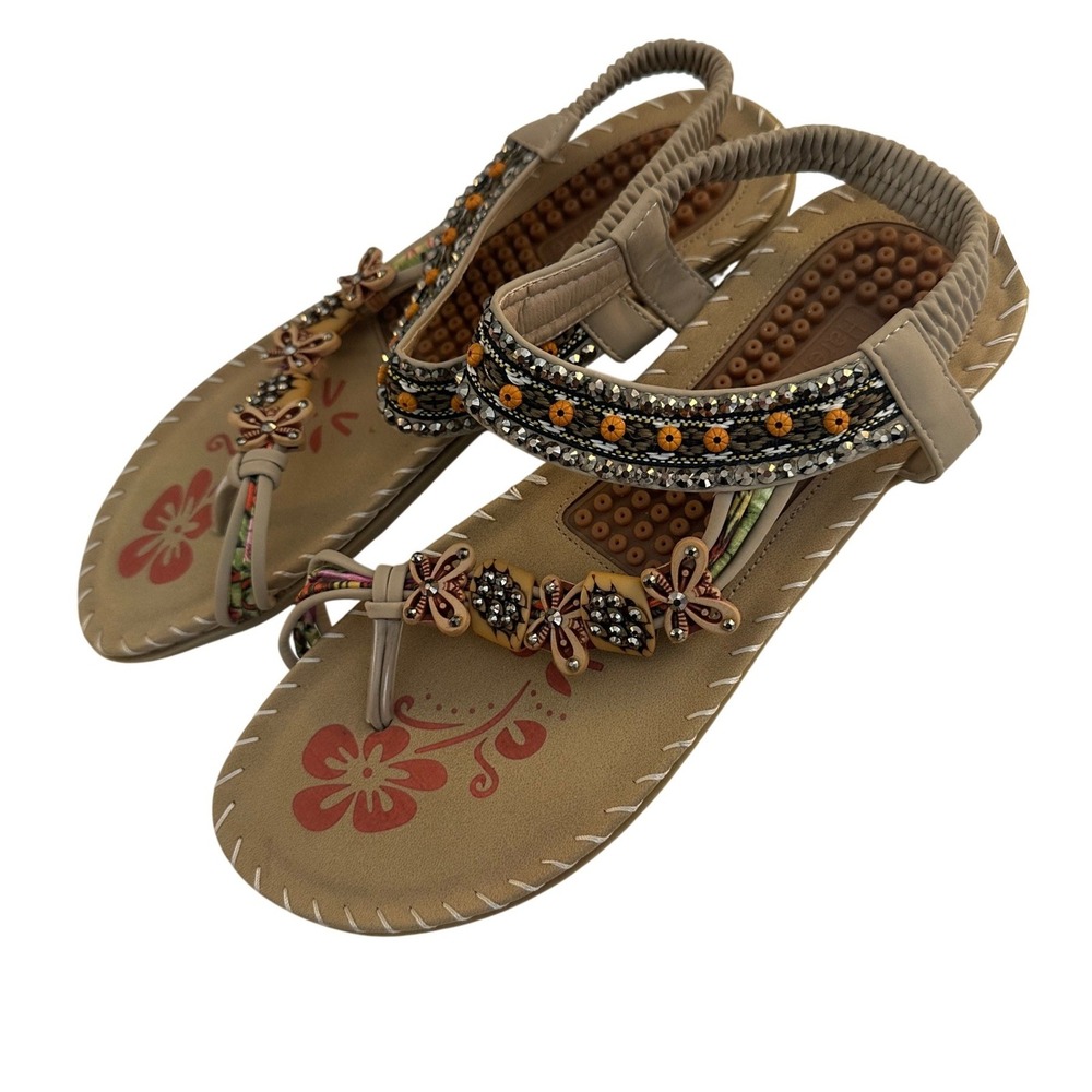 Harence Women's Tan Beaded Butterfly Floral Slingback Flat Sandals Size 8